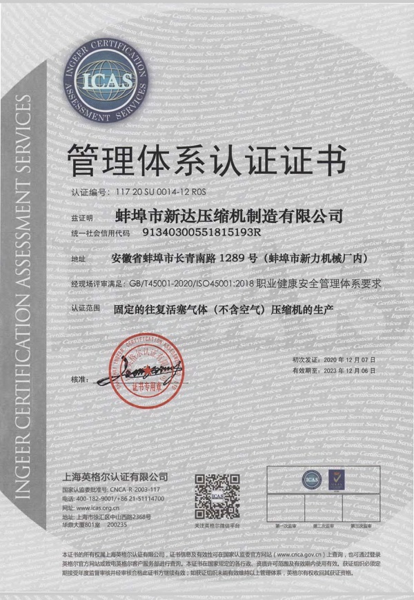 管理體系認證證書——固定的往復(fù)活塞氣體
